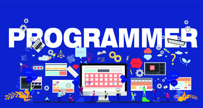 Man and woman think analyze creative work with  PROGRAMMER Text, flat design illustration Creativity modern Idea and Concept Vector.