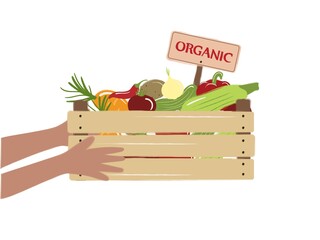 Farm worker holds a wooden box with fresh vegetables, illustration on a white background.