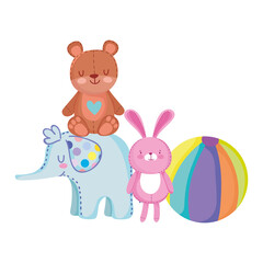 Fototapeta na wymiar toys object for small kids to play cartoon, teddy bear rabbit elephant ball