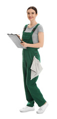 Full length portrait of professional auto mechanic with clipboard and rag on white background