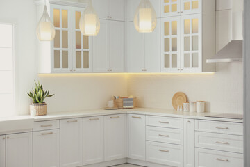 Obraz na płótnie Canvas Beautiful kitchen interior with new stylish furniture