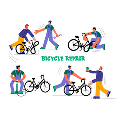 Bicycle repair. The mechanic repairs the bicycle, the mechanic inflates the wheels. The man brought a broken bike. Vector flat Illustration. Web graphics, banners, advertisements, business templates.