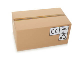 Cardboard box with different packaging symbols isolated on white. Parcel delivery