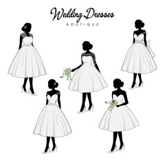 Beautiful Bridal Short Dress Boutique Logo Ideas Set, Gown Logo, Beautiful Bride with Flower Bouquet, Vector Design Template