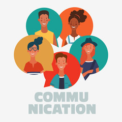 Group of young people with colorful dialog speech bubbles. Communication, teamwork and connection vector concept
