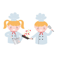 chefs girl and boy with ladle saucepan and vegetables cartoon character