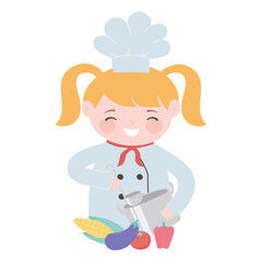 chef girl preparation pot ladle and vegetables cartoon character