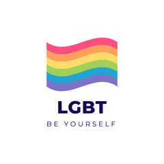 Lgbtq pride month flag concept. Vector flat illustration. Lgbt rainbow waving flag symbol. Be yourself text. Design element for freedom and diversity banner, background, poster.