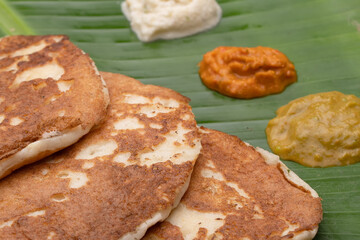 Sponge dosa with coconut chutney, Red chutney, South Indian Dish