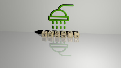 3D illustration of shower graphics and text made by metallic dice letters for the related meanings of the concept and presentations. baby and background
