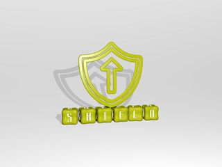 3D representation of shield with icon on the wall and text arranged by metallic cubic letters on a mirror floor for concept meaning and slideshow presentation. illustration and design