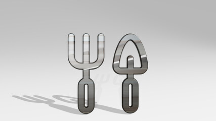 GARDENING TOOLS casting shadow with two lights. 3D illustration of metallic sculpture over a white background with mild texture. green and agriculture