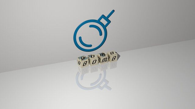 3D representation of BOMB with icon on the wall and text arranged by metallic cubic letters on a mirror floor for concept meaning and slideshow presentation. illustration and background