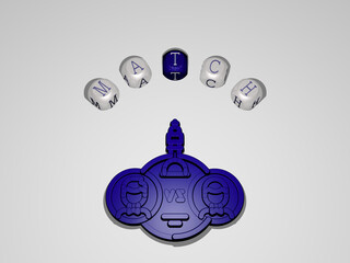 3D illustration of match graphics and text around the icon made by metallic dice letters for the related meanings of the concept and presentations. football and ball