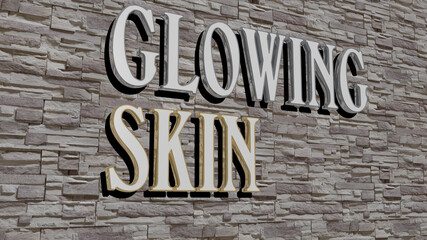 3D representation of GLOWING SKIN with icon on the wall and text arranged by metallic cubic letters on a mirror floor for concept meaning and slideshow presentation. background and illustration