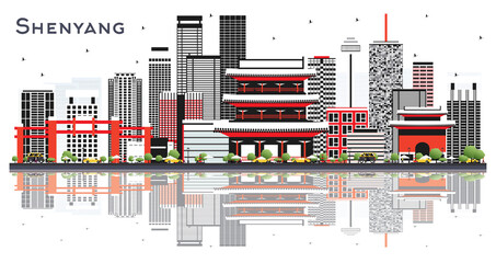 Shenyang China City Skyline with Gray Buildings and Reflections Isolated on White.