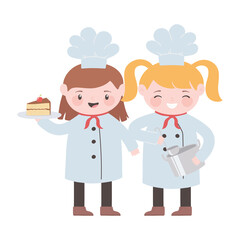 chefs girls with cake and pot kitchen cartoon character
