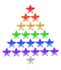 Christmas tree made of shiny stars LGBTQ community rainbow flag colors white background isolated close up, New Year decoration, LGBT pride xmas festive symbol, gay, lesbian etc winter holidays sign