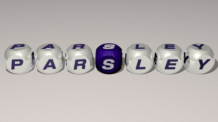 crosswords of parsley arranged by cubic letters on a mirror floor, concept meaning and presentation. background and food