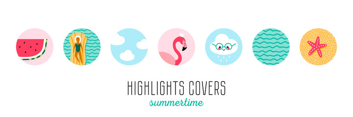 Set, collection of cute cartoon style icons for social media stories, highlights covers. Summer relax, vacation, weather highlights icons.
