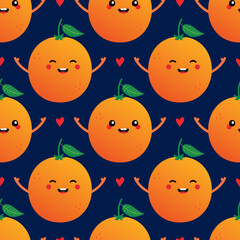 Seamless pattern background with cute cartoon style orange, mandarin fruit characters and hearts.
