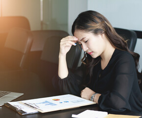 Concept Burnout Syndrome. Business Woman feels uncomfortable working. Which is caused by stress,...
