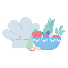 food fresh chef hat vegetables in dish isolated icon design white background