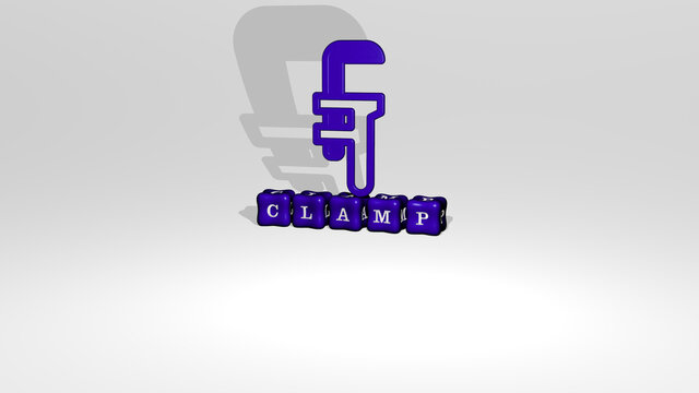 3D representation of CLAMP with icon on the wall and text arranged by metallic cubic letters on a mirror floor for concept meaning and slideshow presentation. background and illustration