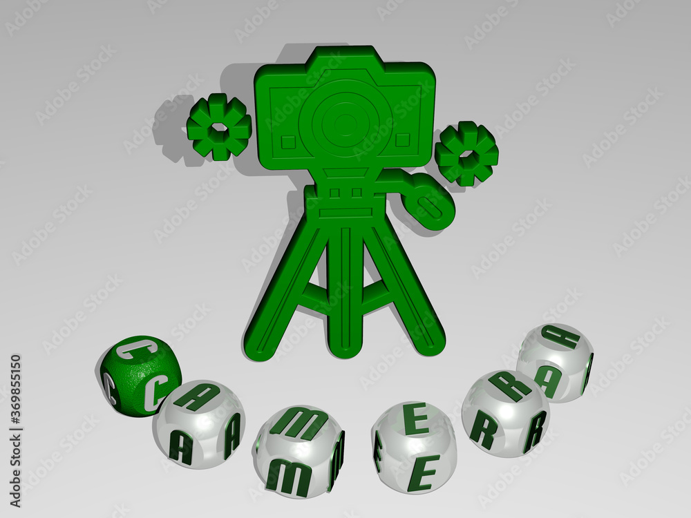 Fototapete 3d illustration of camera graphics and text around the icon made by metallic dice letters for the re