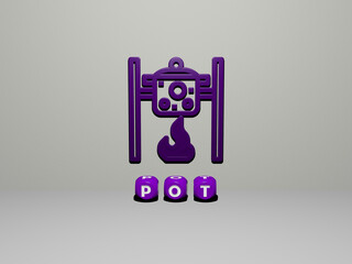 3D illustration of POT graphics and text made by metallic dice letters for the related meanings of the concept and presentations. background and flower