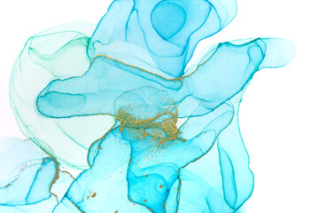 Alcohol ink blue abstract background. Ocean style watercolor texture. Blue and gold paint stains illustration