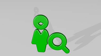 single woman actions view from a perspective with the shadow. A thick sculpture made of metallic materials of 3D rendering. illustration and background