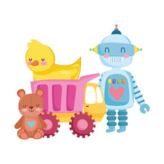 Obraz na płótnie Canvas toys object for small kids to play cartoon, robot duck truck teddy bear