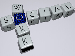 crosswords of social work arranged by cubic letters on a mirror floor, concept meaning and presentation. illustration and media