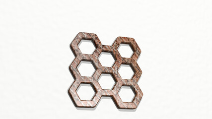 dna on the wall. 3D illustration of metallic sculpture over a white background with mild texture. biology and abstract