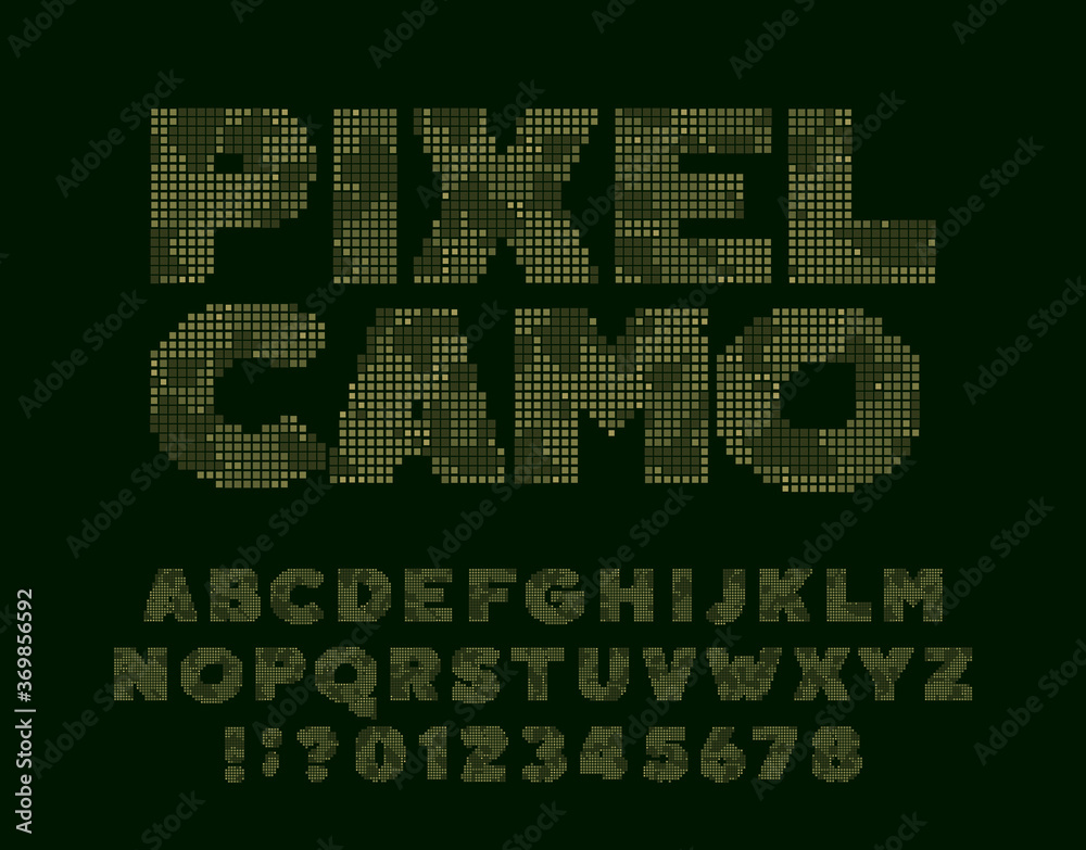 Fototapete pixel camo alphabet font. computer letters and numbers. 80s arcade video game typescript.