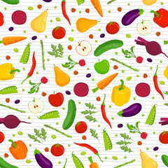 Organic food seamless pattern. Hand drawn fruit and vegetables. Stock vector endless background. 