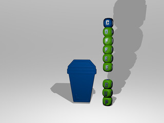 3D illustration of coffee cup graphics and text around the icon made by metallic dice letters for the related meanings of the concept and presentations. background and cafe