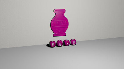 3D graphical image of VASE vertically along with text built by metallic cubic letters from the top perspective, excellent for the concept presentation and slideshows. background and white