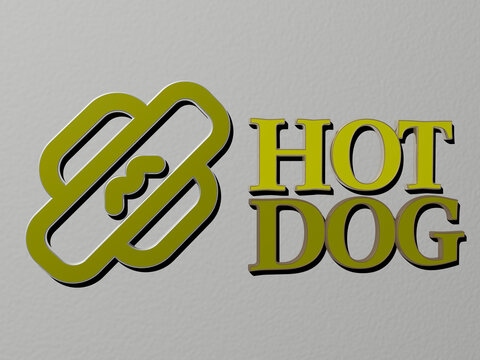 3D graphical image of hot dog vertically along with text built by metallic cubic letters from the top perspective, excellent for the concept presentation and slideshows. background and illustration