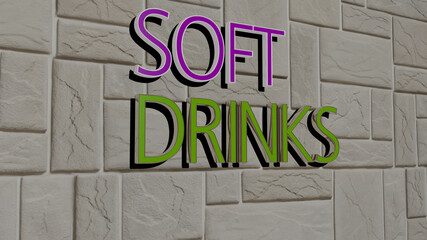 3D illustration of SOFT DRINKS graphics and text made by metallic dice letters for the related meanings of the concept and presentations. background and abstract