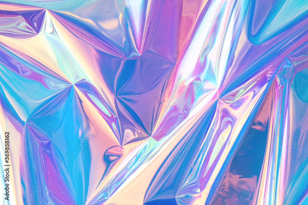 Aufkleber blurred abstract modern pastel colored holographic background in 80s style. crumpled iridescent foil