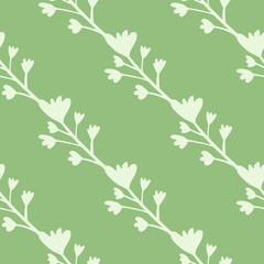 Minimalistic branches with flowers seamless pattern in pastel tones. Green background and light botanic elements.