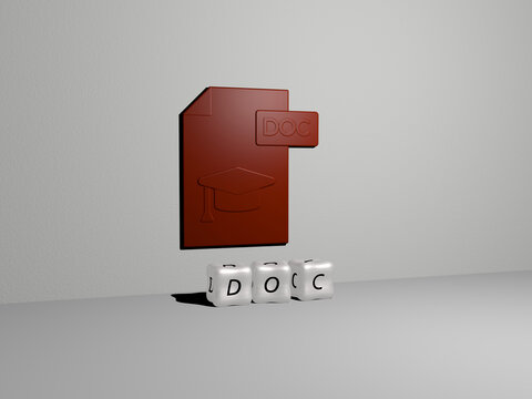 3D representation of doc with icon on the wall and text arranged by metallic cubic letters on a mirror floor for concept meaning and slideshow presentation. doctor and illustration
