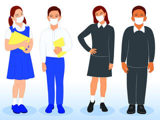 Fototapeta premium Diverse set of children in school uniform and face mask. Cute cartoon simple flat vector style. Back to school illustration.