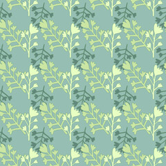 Wildflowers branches figures seamless doodle pattern. Blue background with botanic ornament in green tones.