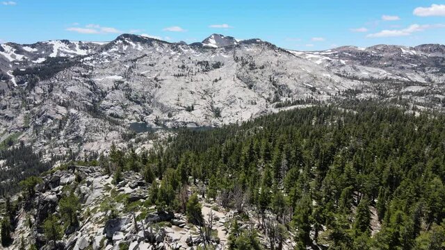 Bird view of Tahoe National Forest during early Summer. Lots of pines right above the image and some snow on the top of the background mountains.