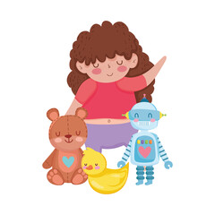 toys object for small kids to play cartoon, cute girl with teddy bear robot and duck