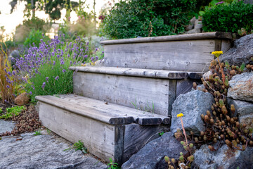 Weathered, wood garden steps on a cottage vacation property, showing several plants in a landscaped...