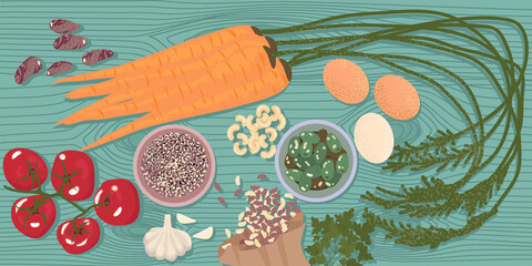 Top down view of a big set of hand-drawn products on the table. Carrots, eggs, beans ,olives, tomatoes, garlic. Eco friendly. gluten free.Concept of cooking and healthy eating. illustration.